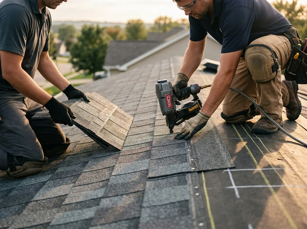 Professional roofer working on a residential roof in Fort Bragg